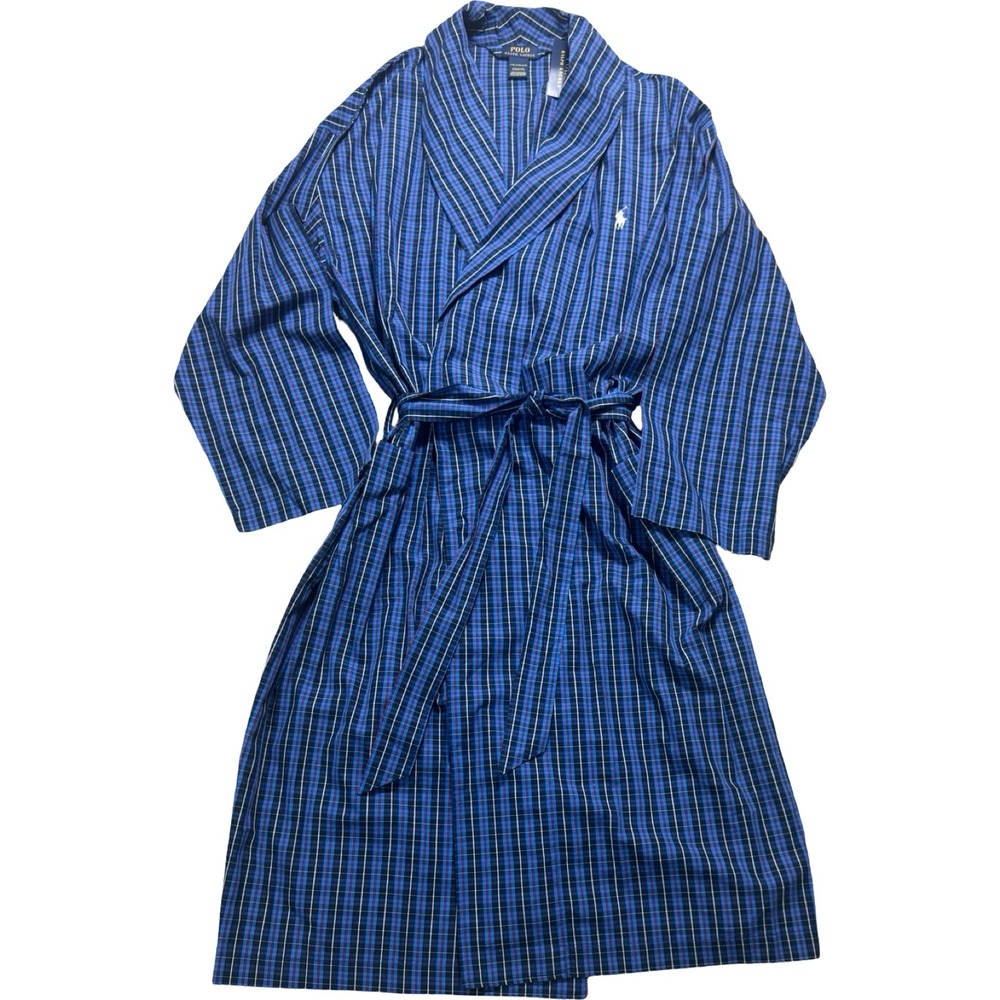 Polo Ralph Lauren Mens L/XL Blue Plaid Cotton Robe Belted Pony Logo NWT